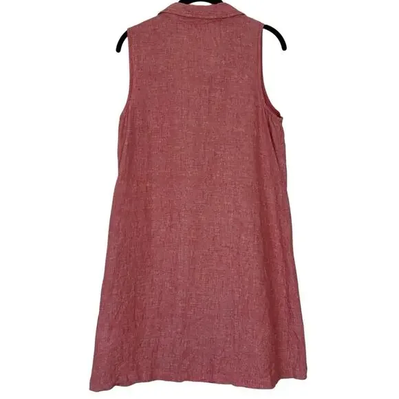 Garnet Hill Shirt Dress Women 10 Petite Classic Linen Flax Poppy Red Chambray - Picture 3 of 13